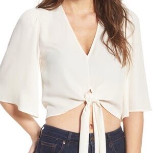 4SI3NNA front tie crop top blouse in off white ivory cream, Size:XS,